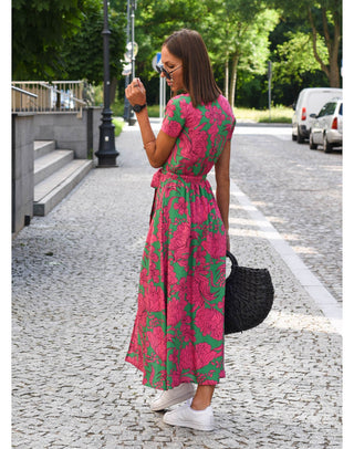 Moon | Wikkeljurk voor dames met bloemenprint en V-hals | Midi roze