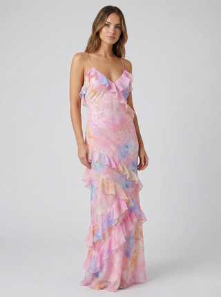 Flora | Maxi-jurk voor dames – Pastelkleuren en elegante zonsondergang in een zwierig silhouet Roze