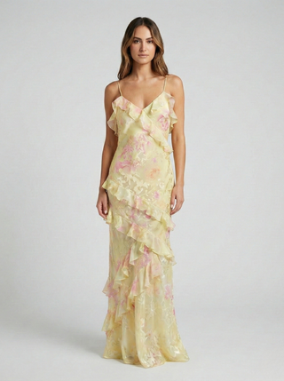 Flora | Maxi-jurk voor dames – Pastelkleuren en elegante zonsondergang in een zwierig silhouet Geel
