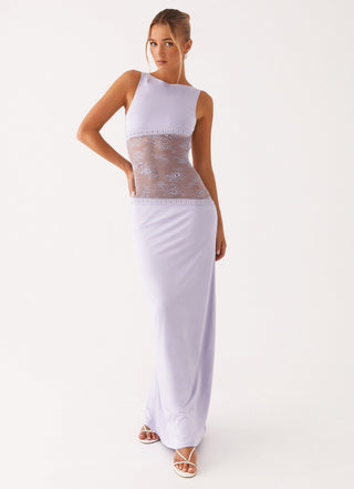 Nova | Dames Maxi-jurk – Transparant Kant, Hoge Halslijn & Geaccentueerde Taille Lila