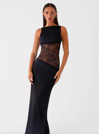 Nova | Dames Maxi-jurk – Transparant Kant, Hoge Halslijn & Geaccentueerde Taille Zwart