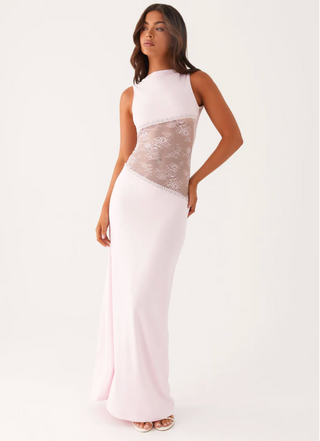 Nova | Dames Maxi-jurk – Transparant Kant, Hoge Halslijn & Geaccentueerde Taille Baby Roze