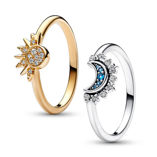 Fonkelende Maan-Zon Zilveren Kristallen Ring