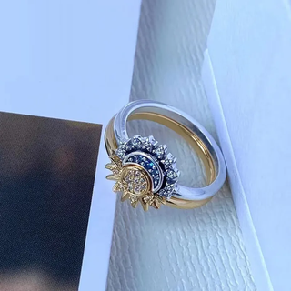 Fonkelende Maan-Zon Zilveren Kristallen Ring