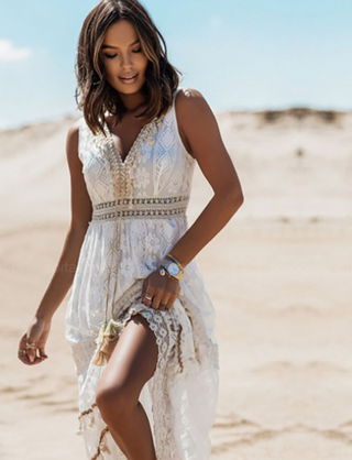 Mira | Boho maxi-jurk voor dames – Luchtig silhouet & Artistieke vrijheid beige