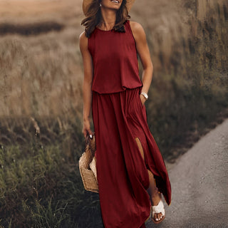 Sahara | Dames Maxi-jurk – Mouwloos Design & Elegante Split bordeauxrood