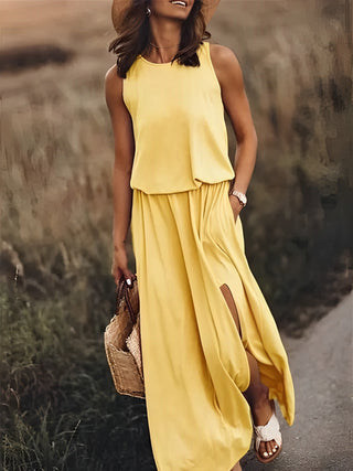Sahara | Dames Maxi-jurk – Mouwloos Design & Elegante Split geel
