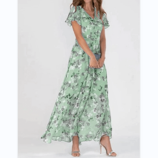 Nara | Lange maxi-jurk voor dames – Romantische bloemenprint, diepe V-hals en zomerse elegantie groen
