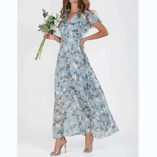 Nara | Lange maxi-jurk voor dames – Romantische bloemenprint, diepe V-hals en zomerse elegantie