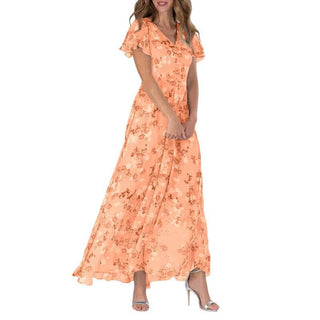 Nara | Lange maxi-jurk voor dames – Romantische bloemenprint, diepe V-hals en zomerse elegantie oranje