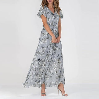 Nara | Lange maxi-jurk voor dames – Romantische bloemenprint, diepe V-hals en zomerse elegantie donkerblauw