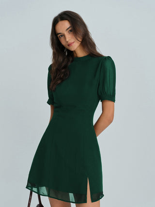 Chāme | Chiffon Mini Jurk - Mock Nek Ontwerp met Transparante Details Groen
