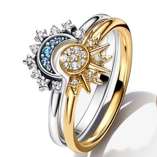 Fonkelende Maan-Zon Zilveren Kristallen Ring