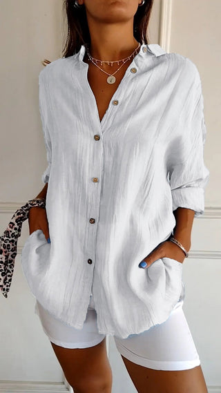 Pamelo | Zomerblouse voor dames met lange mouwen – Luchtige linnen-zijdemix, architectonische draperie en Scandinavische kustpracht wit