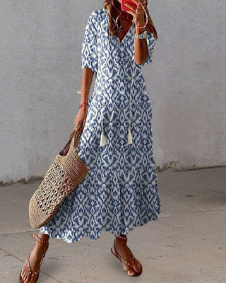 Nara | Lange jurk voor dames – Artistiek patroon blauw