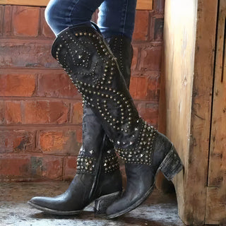 Karla Dames Western Enkellaarsjes met Studs en Hoge Hak Zwart