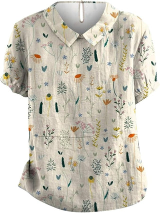 Māya | Damesblouse met korte mouwen, kraag en bloemenprint | Casual wit