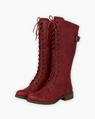 ELYSSI Kniehoge Veterlaarzen Dames met Blokhak Rood