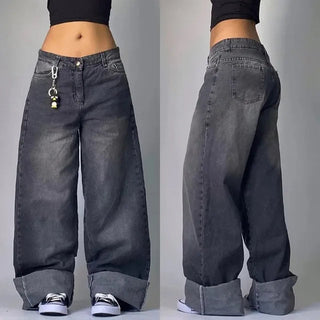 Retro Baggy Cargo Jeans met Utility Zakken - Wijde Unisex Spijkerbroek Donker Grijs