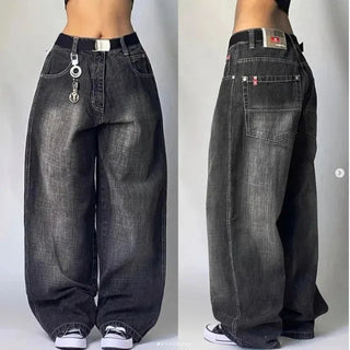 Retro Baggy Cargo Jeans met Utility Zakken - Wijde Unisex Spijkerbroek Zwart