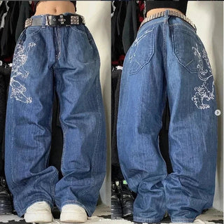 Retro Baggy Cargo Jeans met Utility Zakken - Wijde Unisex Spijkerbroek Blauw met Print