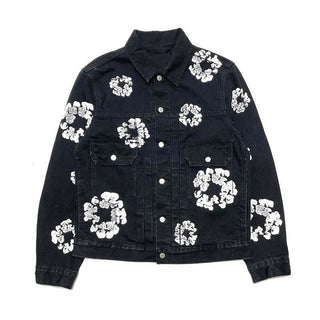 Retro Denim Set voor Koppels Jasje en Broek met Kapok-motief Zwarte top