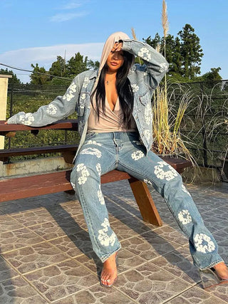 Retro Denim Set voor Koppels Jasje en Broek met Kapok-motief