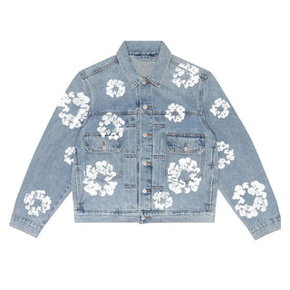 Retro Denim Set voor Koppels Jasje en Broek met Kapok-motief Blauwe top