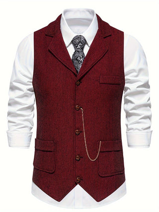Retro herenvest met visgraatpatroon en reverskraag. bordeauxrood