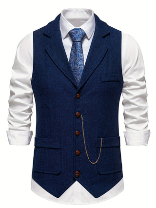 Retro herenvest met visgraatpatroon en reverskraag. marineblauw