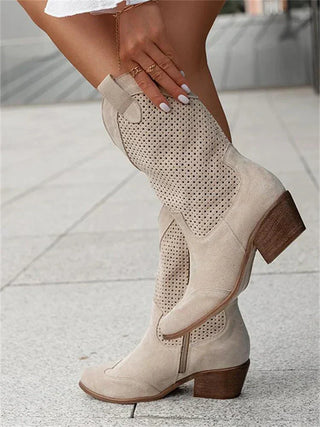 ELYSSI Cowboylaarzen Dames met Perforatiemotief en Korte Schacht Khaki