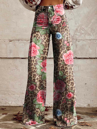 Bloessem | Casual baggy jeans voor dames | Lang Roze & Luipaardprint
