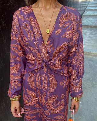 Carmella | Boho zomerjurk met lange mouwen en V-hals voor dames | Maxi paars