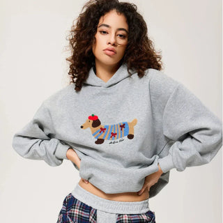 Unisex Oversized Hoodie met Teckel-Borduursel en Kangoeroezak