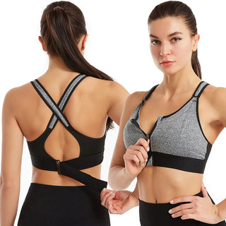 Dames Sport-BH – Ritsluiting Voor – Criss-Cross Rugband – Ademend – Hoge Support Grijs