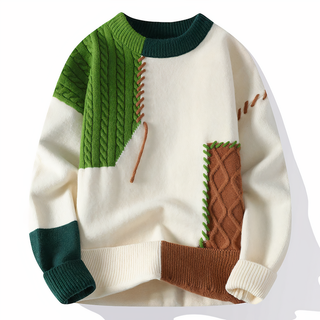 Jasper | Unieke Gebreide Heren Trui met Patchworkmotief Wit - Lichtgroen