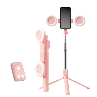 MEELANO Ny 6-i-1 selfie stick med fyldlys Lyserød