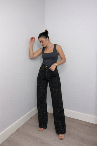 Flōre | Dames High-Waist Jeans – Rechte Pijp met Glitter Details & Katoen Zwart