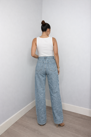 Inspire | Rechte High‑Waist Jeans met Glitter Details