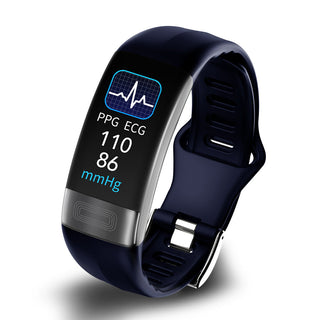 Smartwatch met hartslagmeter en ECG-sensor voor hartmonitoring. Blauw siliconen