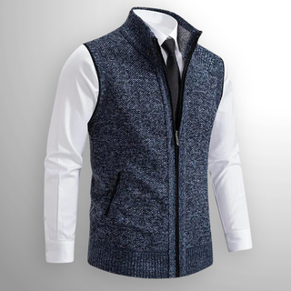 Heren Gebreid Vest met Rits en Opstaande Kraag Blauw