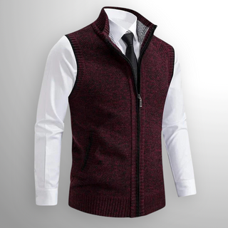 Heren Gebreid Vest met Rits en Opstaande Kraag Rood