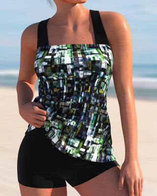 Tankini met Shorts Set voor Dames in Sportieve Strandstijl Zwart Groen