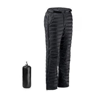 Thermische outdoorbroek van ganzendons met ritssluiting, geschikt voor kamperen, wandelen en skiën.