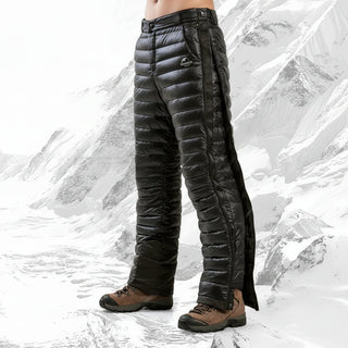 Thermische outdoorbroek van ganzendons met ritssluiting, geschikt voor kamperen, wandelen en skiën.