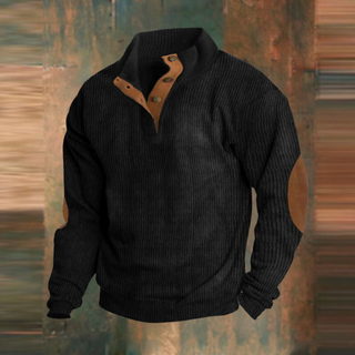 Thomas | Heren Geribbelde Gebreide Trui met Knopenplacket Casual Pullover Zwart