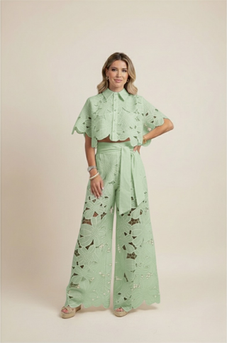 Chloé | Tweedelige zomerset voor dames – bloemenpatroon en luchtig borduurwerk Groen