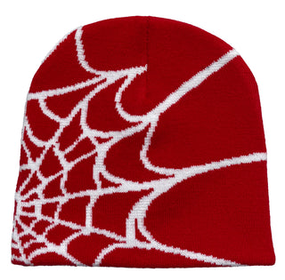 Unisex gebreide muts met spinnenwebprint, warme outdoor pullover muts met een eigenzinnige uitstraling. Rood