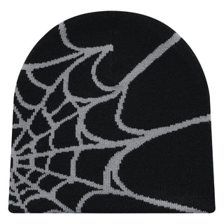 Unisex gebreide muts met spinnenwebprint, warme outdoor pullover muts met een eigenzinnige uitstraling. Zwart zilvergrijs