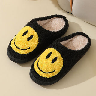 Unisex slippers met smiley-print, warme en zachte huisschoenen. zwart